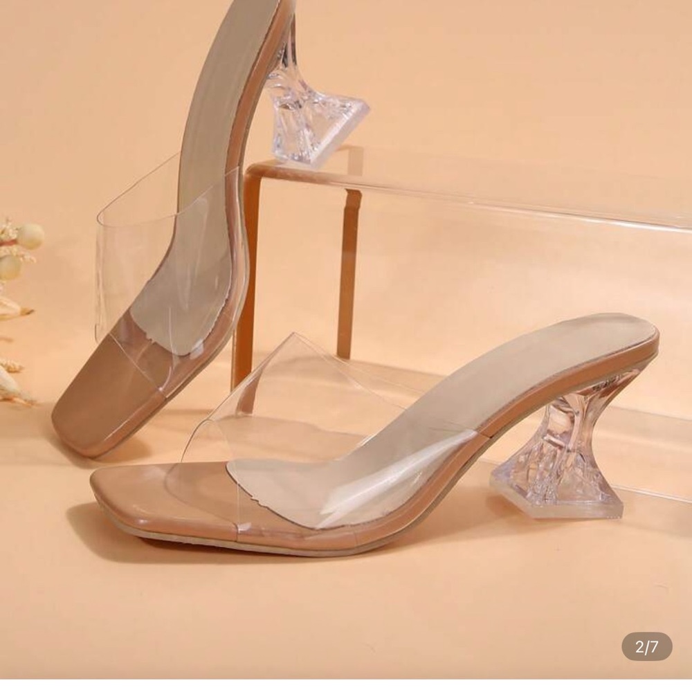 Clear and Tan Heeled Mules